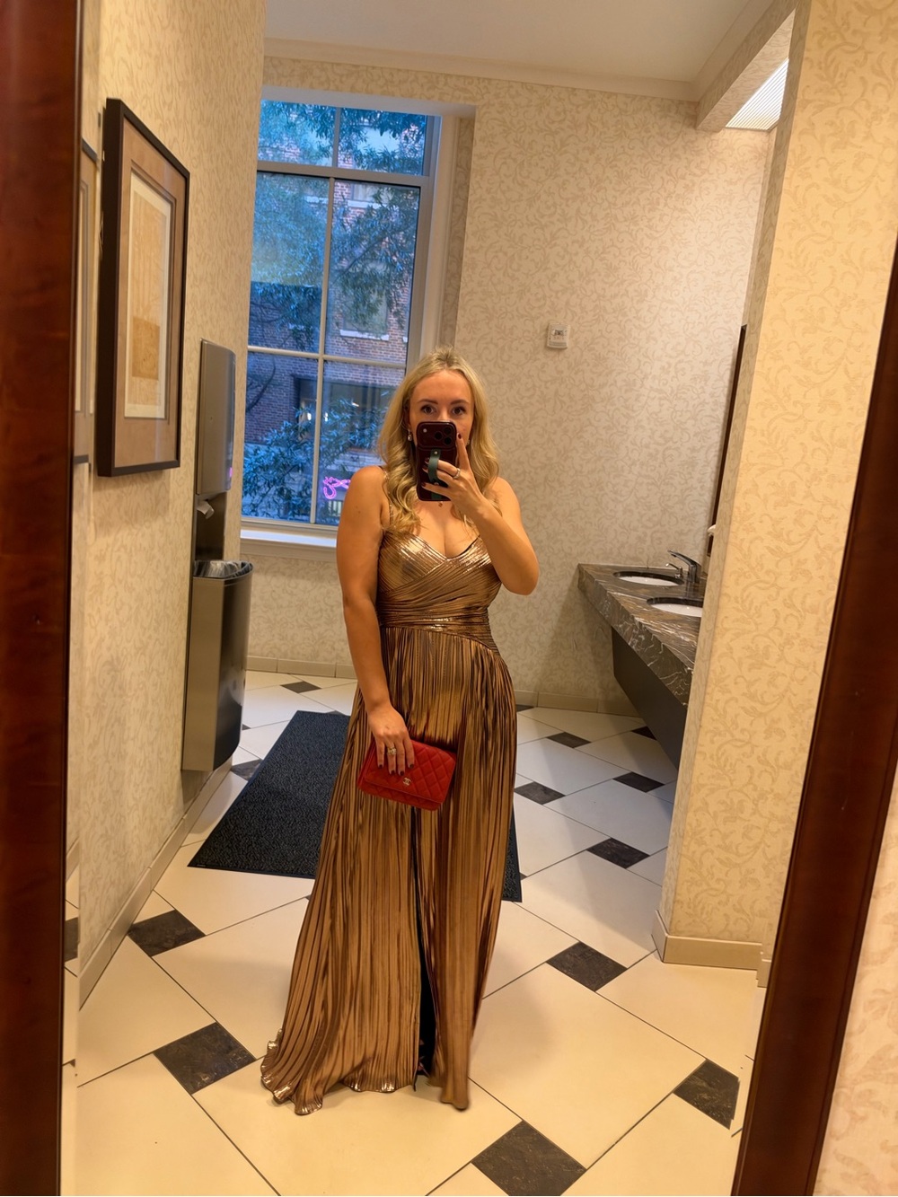 Metallic Bronze Pleated Formal Dress